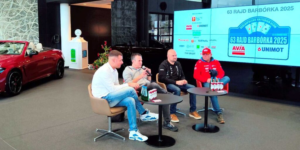 Kierowcy rajdowi na konferencji Rajdu Barbórka 2025 - od prawej Leszek Kuzaj, Łukasz Byśkiniewicz, Tomasz Czopik, Jakub Przygoński. Fot. iMoto